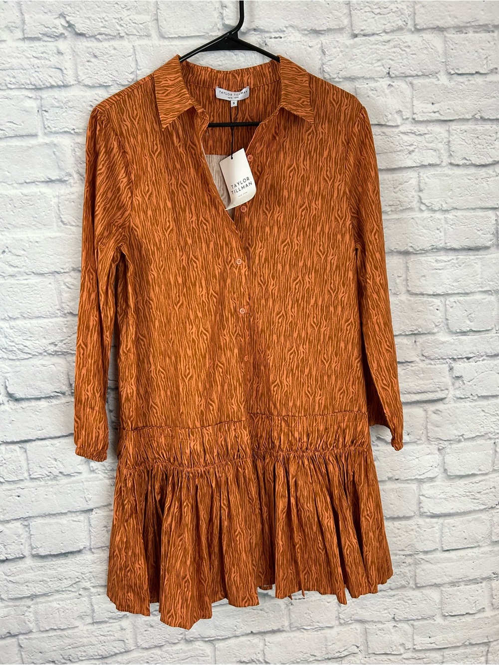 Taylor Tillman Harper Dress S Brown Zebra Print Cotton Poplin Drop Waist NWT